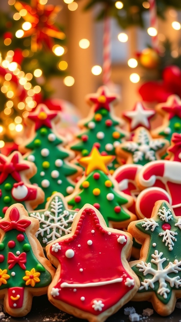 A variety of 8-bit Christmas cookies decorated with colorful icing, set against a festive holiday backdrop.
